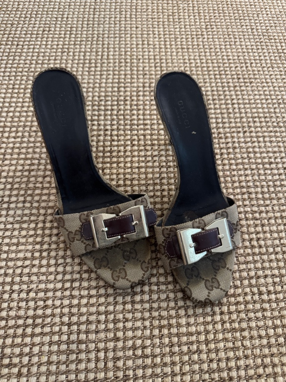 Authentic Gucci Brown GG Canvas Sandals with Silver Buckles